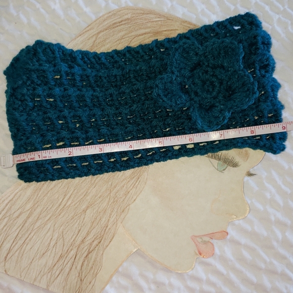 Turquoise Headband. Knitted Flower. Soft. Warm - Picture 5 of 6